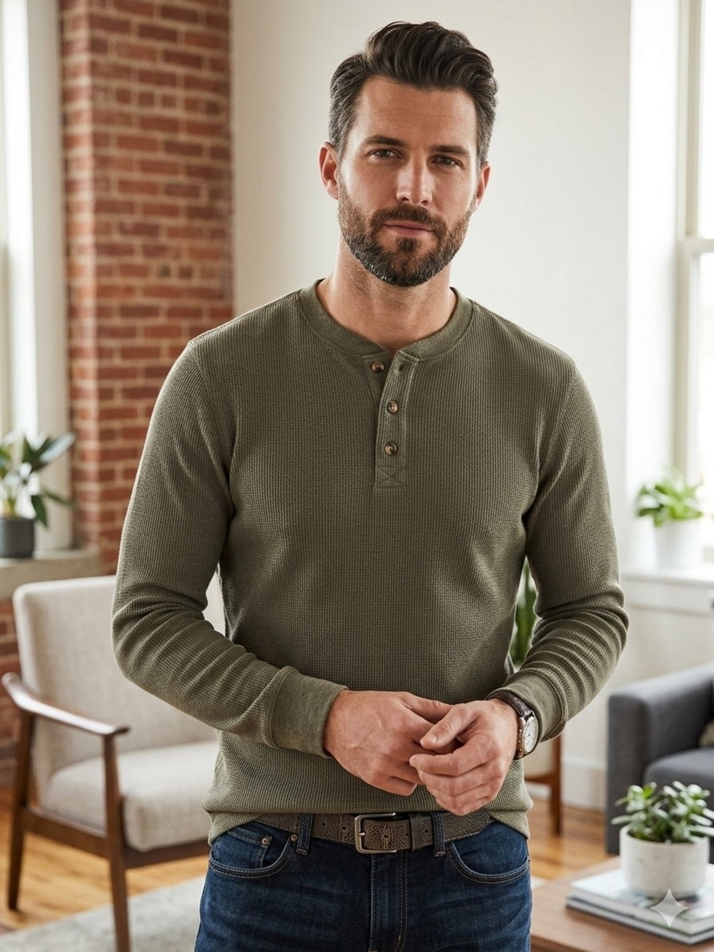 Olive Long-Sleeve Henley Shirt for Men